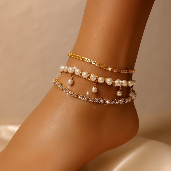 Laundry by Shelli Segal Gold, Crystal & Pearl Anklet Trio – Women’s Layered Set - Picture 1 of 7